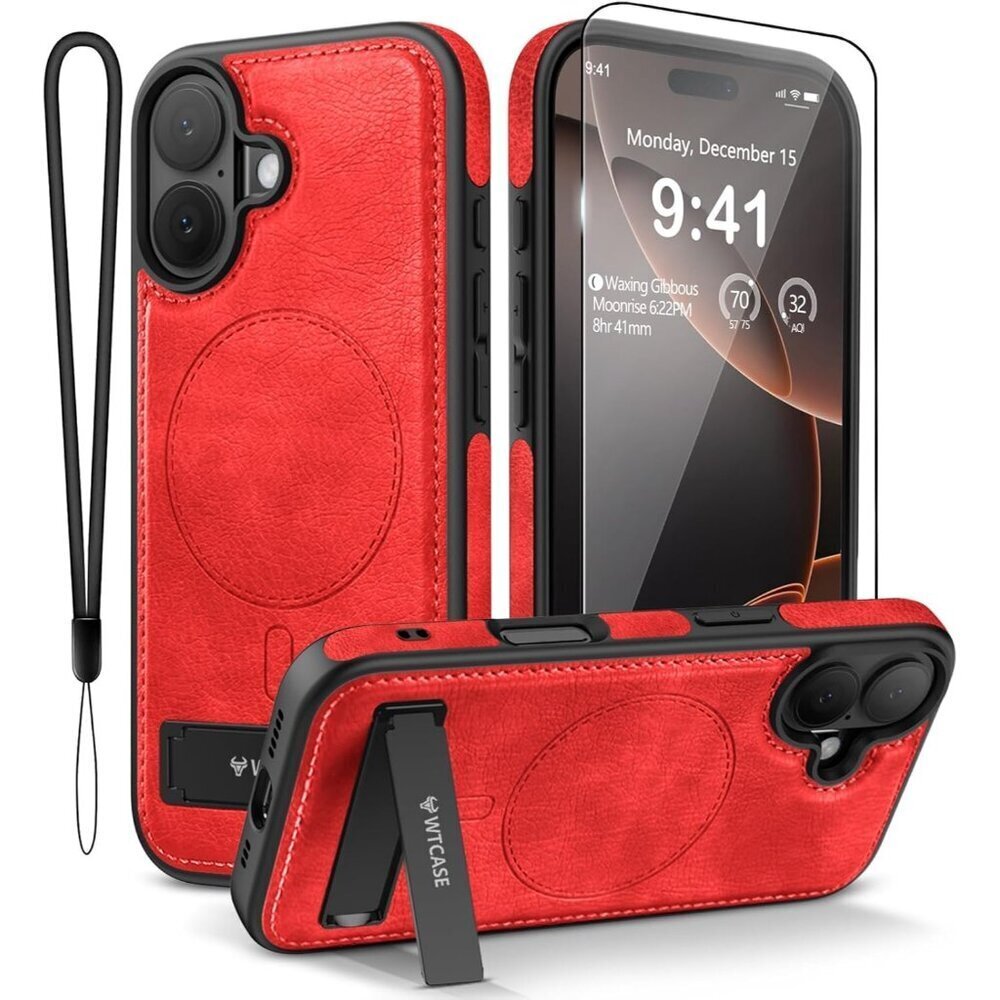 Red Iphone 17 Pro Max Invisible Stand Protective Slim Kickstand Leather Case